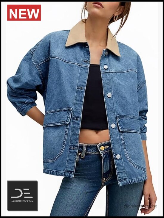 Jackets & Blazers - Oversized Denim Jacket with Contrast Canvas Collar